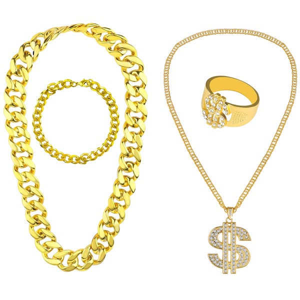KINBOM 4 Piece Hip-Hop Costume Set, Dollar Sign Necklace and