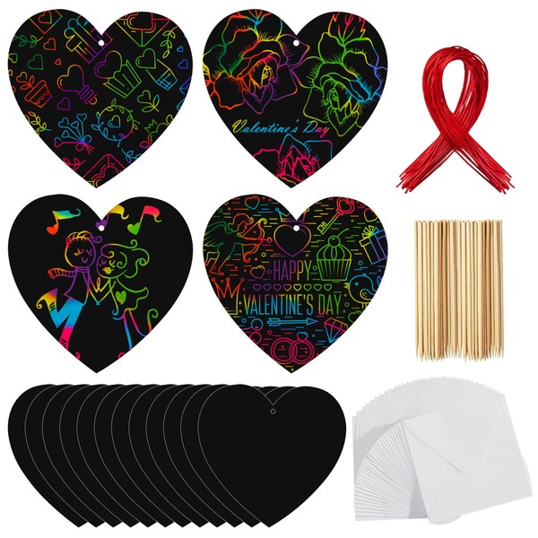 JOYIN 36 Packs Valentines Day Gifts Cards for Kids Magic Color Scratch Heart Rainbow Scratch Paper Heart Art Valentine Crafts & Art for Kids Classroom Exchange Create Rainbow Scratch Art Without Ink