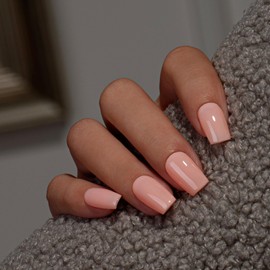 KQueenest Nude Pink Press on Nails Short Medium Square, Short False Nails with Glue, Glossy Light Pink Fake Nails Press ons, Natural Fit, Coffin Reusable Soft Gel Stick on Nail for Women 28 Pcs