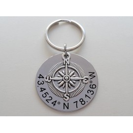 Custom Compass Keychain with Engraved Steel Disc for Coordinates, Couples or Best Friends, Anniversary Keychain