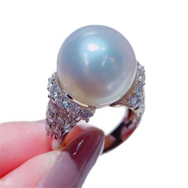 LRGKMCWTOB Baroque Vintage Imitation Pearl Ring Women's Large Pearl Luxury Engagement Ring Diamond Sterling Silver Fresh Water Pearl Cubic Zirconia Ring (Size 8）