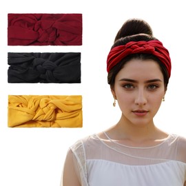 Vercret Headbands for Women Sailor Knot Headband Black Double Wide Elastic Adjustable Braided Hair Bands Non Slip for Girls Boho Stretchy Turban Headwrap Yoga Workout,Solid Color, 3Pcs