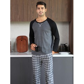 Litherday Men's Pyjamas Sets Cotton Long Sleeve Nightwear Classic Plaid Sleepwear Comfy Loungewear Pjs Set 2 Piece with Pockets Gifts for Men(Grey,M)-2