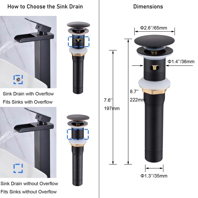 Jincrop Bathroom Sink Drain Matte Black with Overflow, Pop Up