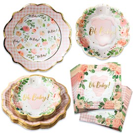 Kate Aspen Baby Shower Onesie Pink Floral & Gingham Tableware Set - 62pc. 16pcs 7 inch & 16pcs 9 inch Heavy Duty Disposable Party Plates, 30pcs 6.5 inch Durable Paper Napkins