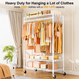 ULIFHOME P7 Rolling Clothes Rack, Clothing Racks for Hanging Clothes, Heavy Duty Garment Rack with Wheels, 3 Tiers Freestanding Portable Closet Rack 45''W × 20.5''D × 80.5''H, Max Load 480 lbs, White