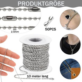 CONJURAIDE 10 m Ball Chain, 2.4 mm Ball Chain, Stainless Steel Link Chain, Silver Stainless Steel Chain with 50 Pieces Ball Chains, Connectors, Jewellery Chain for Dog Tag Chain, Necklace, Key Chain