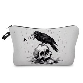 Livel lhood Funny Crow Skull Makeup Bag Cute Small Organizer Zipper Pouch Funny Rainy Crow Caw Skull Cosmetic Bag Birthday Present for Women Friends