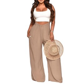 Nimsruc Womens Jumpsuit Casual Loose Sleeveless Adjustable Spaghetti Straps Wide Leg Pants Baggy Overalls With Pockets Light Khaki XL