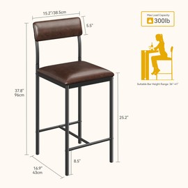 DWVO Bar Stools Set of 2 Bar Chair with Back Kitchen Island Stools with Footrest 26.18" Breakfast Bar Stools with Thick Cushion Upholstered Counter Height Barstools for Dining Room Kitchen Bar Brown