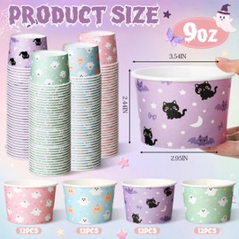 48 Pack Halloween Disposable Paper Snack Cups, 9oz Cute Pastel Halloween Treat Bowls with Ghost, Ghost, Black Cat Bat Pattern, Disposable Dessert Paper Cups for Candy Party decoration Supplies