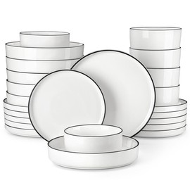 MALACASA Porcelain Dinnerware Set, Dish Set for 4/6, Premium Plates and Bowls Sets, Chip and Scratch Resistant Dishware Sets Kitchen Dishes Dining Ware Set, White wtih Black Rim, Series LEAH - Pieces and Color: 16 PCS-Black Trim