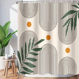 RiePoiia Mid Century Boho Shower Curtain for Bathroom 72 x 72 Inch Aesthetic Abstract Modern Bohemian Green Aesthetic Leaves Geometric Bathroom Curtain Waterproof Fabric with 12 Hooks