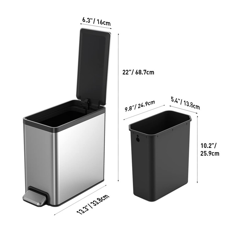 EKO Slim Small Bathroom Trash Can with Lid, Stainless Steel