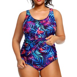 Holipick Blue Purple Leaf Plus Size Sarong One Piece Swimsuit for Women Tummy Control Bathing Suit Ruched Backless Swimwear 20W