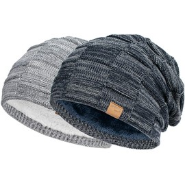 Vgogfly Slouchy Beanie for Men Winter Hats for Guys Cool Beanies Mens Lined Knit Warm Thick Skully Stocking Binie Hat Light Grey/Navy