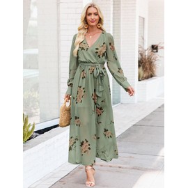 ANRABESS Women’s Long Sleeve Floral Maxi Dress Boho Flowy Wrap Slit V Neck Beach Fall Wedding Guest Party Vacation Dresses Floral Green Large