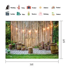 EOA 7(W) x5(H) FT Wooden Plank Lights Rustic Park Backdrop Green Plants Garden Picnic Leisure Photography Background - Great for Birthday, Studio, Booth, Party, Events, Portrait Use Props