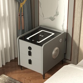 KPIBEST Modern Nightstand with Charging Station and LED Lights,Night Stand with U-S-B Ports and Wireless Charger, Bluetooth Speaker, Wooden End Side Table 2 Drawers for Small Space