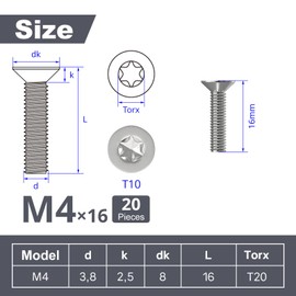 Wavanta 20Pcs M4 Bolts, M4 x 16mm Countersunk Torx Bolts Screws, Flat Head Trox Drive Machine Bolt, 304 Stainless Steel, Full Thread