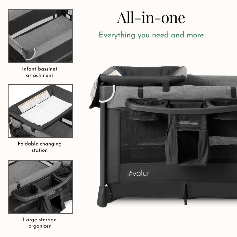 Evolur Cozy Cove All-in-One Portable Playard with Bassinet & Changing