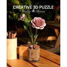 ROWOOD 3D Puzzle Pink Carnation, DIY Wooden Flower, Model Kits for Artificial Flowers to Assemble for Adults, Best Home Decoration and Valentine's Day Toy Gift Set