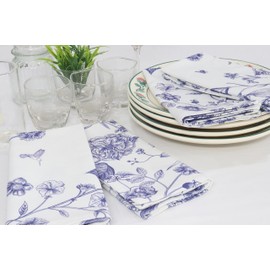 PurpleEssences Blue Floral Cloth Napkins - Set of 4-18x18 Inch - 100% Cotton - Perfect for Spring, Summer Table Decor - French Flower Garden