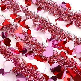 Valentine's Day Tinsel Garlands 33FT Metallic Fringe Garland Pink Valentines Day Decorations with Hearts Hanging Glitter Streamers for Wedding, Engagement, Anniversaries, Romantic Love Decorations