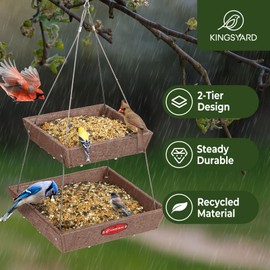 Kingsyard 2 Tier Large Platform Bird Feeders for Outdoors Hanging, 5 lbs Capacity Recycled Plastic Flat Mealworm Bird Feeder Tray, Garden Decoration Attracting Cardinal Blue Jay, Brown