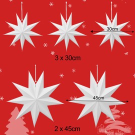 Linkbro Pack of 5 Paper Stars, White, 30 cm x 3 + 45 cm x 2, Folding Stars Christmas Paper Christmas Decoration, 9 Prong Poinsettias for Room Window