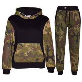 A2Z 4 Kids Boys Girls Tracksuit Camouflage Contrast Panel - T.S Camo 604 Green Black 9-10