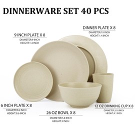 Perlapoc Dinnerware Sets 40 PCS Wheat Straw Plates and Bowls Sets With Cups Service for 8 Microwave Safe Dishes for Kitchen Lightweight Dish Set for RV Outdoor Activities Travel - Beige Colors