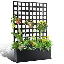 GarveeLife Metal Planter Box with Trellis, 71 in x47 in x12 in Raised Garden Bed with Trellis, Outdoor Garden Box with Privacy Screen & Drainage Holes for Climbing Plants Flower Vegetable, Black