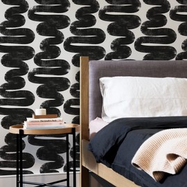 Tempaper x Bobby Berk White & Black Wiggle Room Removable Peel and Stick Wallpaper, 20.5 in X 33 ft, Made in The USA