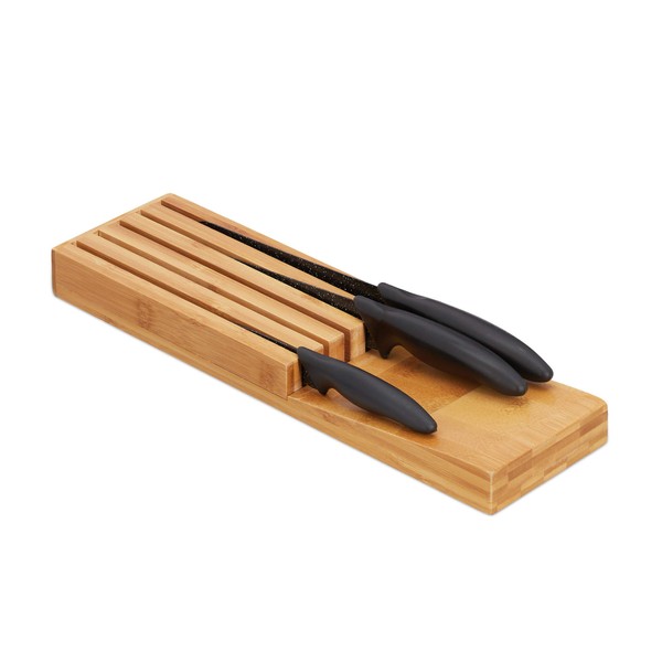 Relaxdays 10028871 Bamboo Knife in-Drawer Block, Storage for 5 Knives, Kitchen, Tabletop Organiser, 3.5 x 11 x 39 cm, Natural