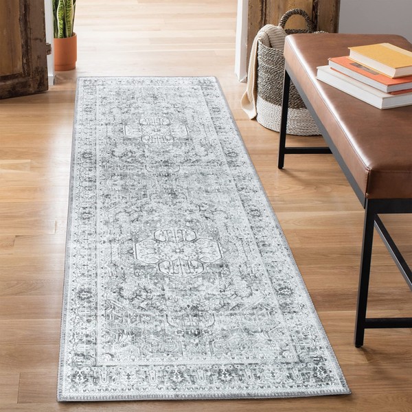 Bloom Rugs Washable Non-Slip 10 ft Runner - Gray/Charcoal Traditional Medallion Runner for Entryway, Hallway, Bathroom, and Kitchen - Exact Size: 2.5' x 10'