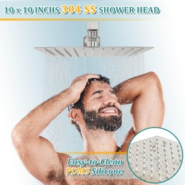 Kuzor 1Pc 304 Stainless Steel Shower Faucet Set, Rain Shower Head with Handheld Spray, Square Shower Head with 3 Setting Handheld Combo and Brass Valve Kit (Brushed Nickel, 10 Inch Rain Shower Head)