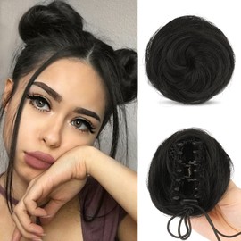 Sofeiyan 2PCS Mini Claw Clip in Hair Bun Messy Cat Ears Hair Bun Extension Synthetic Donut Wig Accessory Updo Space Bun Hair Pieces for Women Girls, Natural Black
