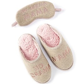 Cabernet No Drama Mama Faux Wool Lined Slippers with Eye Mask Oatmeal Heather Large 9-10