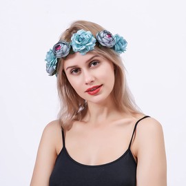 HoveBeaty Flower Crown Rose Peony Garland Headband Hair Wreath Floral Headpiece with Adjustable Ribbon Wedding Festival Party (blue)