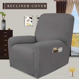 Easy-Going 4 Pieces Microfiber Stretch Recliner Slipcover – Spandex Soft Fitted Sofa Couch Cover, Washable Furniture Protector with Elastic Bottom for Kids, Pet(Recliner, Light Gray)