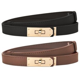 GWAWG 2PCS Women Skinny Leather Belt, Adjustable Fashion Dress Belt, Fashion Leather Belt for Dresses Shiny Golden Buckle Waist Belt