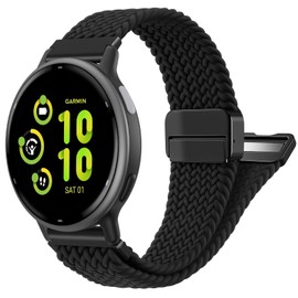 FINTIE Magnetic Braided Band Compatible with Garmin Vivoactive 5/6/Vivoactive 3, Garmin Venu/Venu Sq/Sq 2/Forerunner 55/165/645/245 Music, 20mm Stretchy Nylon Elastic Sport Strap, Black