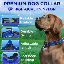 TECEUM Reflective Pet Collar – Navy Blue – M – Basic Nylon Dog Collar – Quick Release Buckle – Fits Small, Medium and Large Dogs, Puppies, Cats – ESA & Service Dog Options