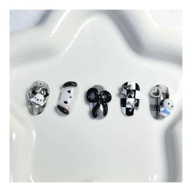 [Premium handmade embossed nails] Black dog nails - Stiletto /
