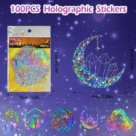 100PCS Holographic Magic Stickers – Glitter Iridescent PET Decals for Scrapbooking, Journals, Planners, Laptops & DIY Crafts – Mystical Aesthetic Witchy Stickers for Bullet Journals & Gifts