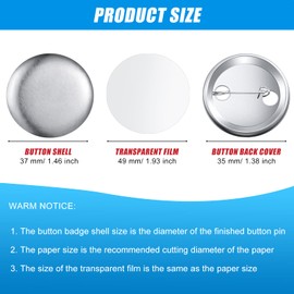 Hicarer 600 Pieces Blank Button Making Supplies Round Badge Button Parts Metal Button Pin Badge Kit for Button Make Machine, Including Metal Shells Metal Back Cover and Clear Film (1.46 Inches)