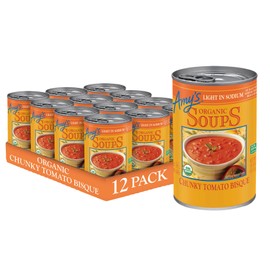 Amy’s Soup, Chunky Tomato Bisque, Light in Sodium, Gluten Free, Made With Organic Tomatoes and Cream, Canned Soup, 14.5 Oz (12 Pack)