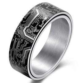 Adreamz 8mm Black Silver Spinner Computer Circuit Board Ring For Men Anxiety Fidget Relieving Black Stainless Steel Ring Pipe Cut Edge Programmer Wedding Ring 7.5