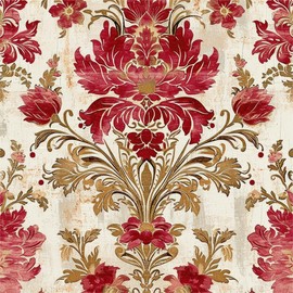Vintage Red Yellow Brown Damask Flower Peel and Stick Wallpaper Wall Decor Self Adhesive Wall Paper Stick on Easy Peel Off Contact for Renter Apartment